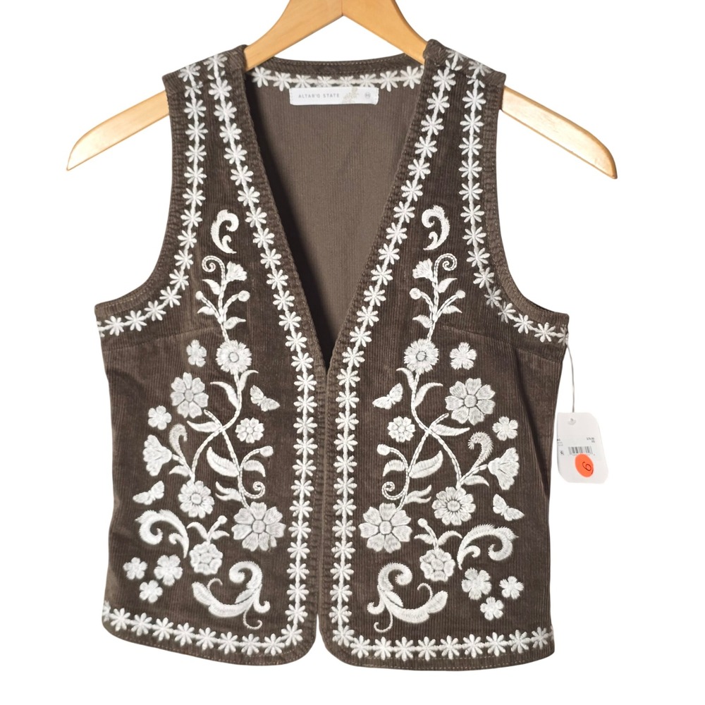 Altar'd State Vest Women XS Olive Green Corduroy Embroidered Floral Boho